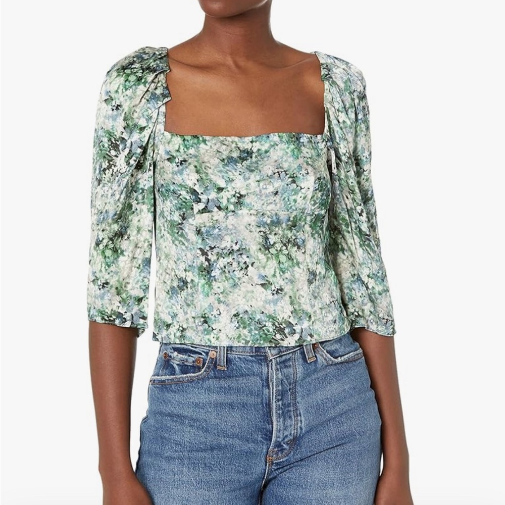 Vince Green and White Puff Sleeve Blouse
